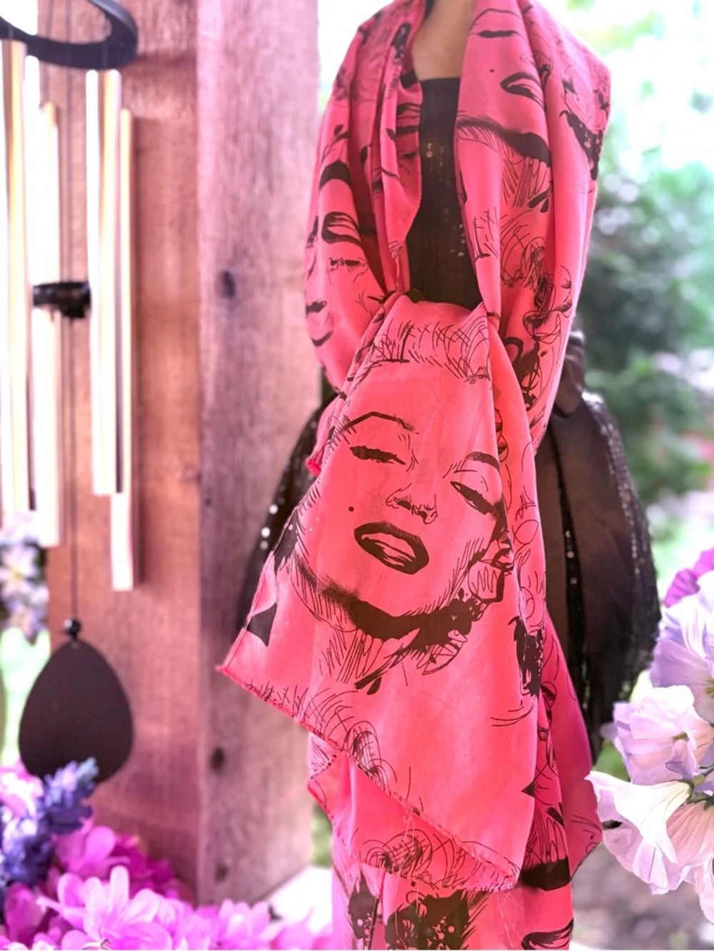 Vintage Marilyn Monroe Portrait Print Mauve & Black Silk Blend Oblong Scarf/Wrap